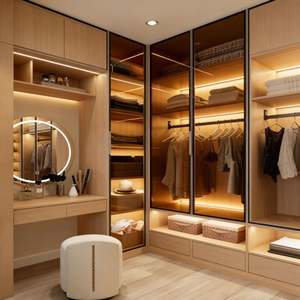 Modern Wood-Tone <b>Wardrobe</b> with Glass Sliding Doors LED Lighting & Vanity Niche Large-Capacity Bedroom <b>Storage</b> Furniture - Product Image 2