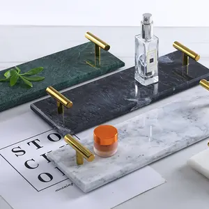 Hot Selling Rectangular Marble Tray For Home Decoration Natural Marble Serving Tray With Gold Handles