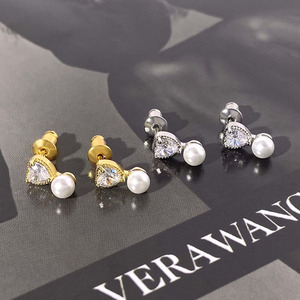 Korean Trendy 18k Gold Plated Waterproof Cubic Zirconia Pearl Heart Stud Earrings for Women - Product Image 6