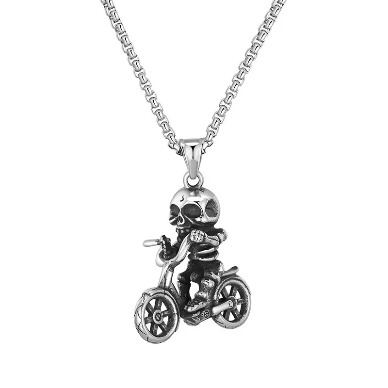 Ccustom Necklace Nendant Punk Stainless Steel Silver Skull With Bike Pendant Charm Necklace