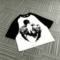 T-shirt Raglan en Coton Épais Personnalisé avec Logo pour Homme, Style Y2K Esthétique Vintage, Imprimé Ailes d'Ange, Vêtement Décontracté d'Été