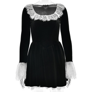 Vestido Mini de Terciopelo Estilo Europeo Americano Vintage, Cuello Cuadrado, Manga Larga, Cintura Alta, con Volantes, para Banquete o Noche - Product Image 5