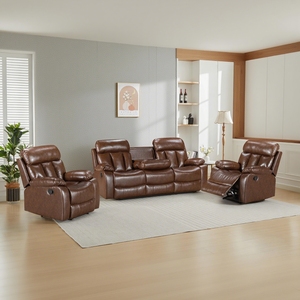Ensemble de canapés inclinables manuels HOMERS 3+2+1 <span class=keywords><strong>en</strong></span> cuir véritable pleine fleur, incluant un canapé 3 places, un canapé 2 places et un <span class=keywords><strong>fauteuil</strong></span> inclinable avec table rabattable - Product Image 1