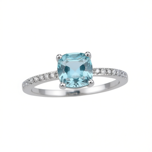 Classic Sea Blue Cushion Cut Gemstone Ring with Pave Diamond <b>Band</b> in 925 Silver for Women's Engagement B2636 - Product Image 1