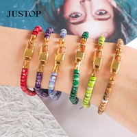 Gelang manik-manik unisex berbahan stainless steel lapis emas premium vintage geometris dengan batu alam, model lobster clasp, Justop