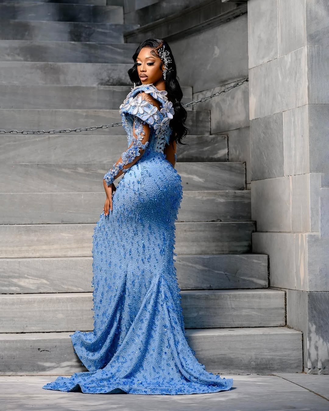Customized Luxury Allover Crystals Beading Ocean Blue Prom Dresses Customized Luxury Allover Crystals Beading Ocean Blue Prom Dresses