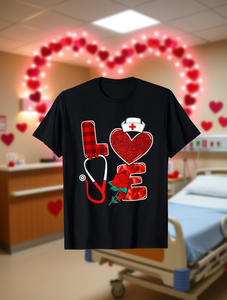 เสื้อยืดพยาบาลลายหัวใจพร้อมหูฟังแพทย์ ผ้าฝ้าย 100% น้ำหนัก 180 กรัม สีแดงกลิตเตอร์ ของขวัญวาเลนไทน์สำหรับบุคลากรทางการแพทย์ คอกลมลำลอง - Product Image 2