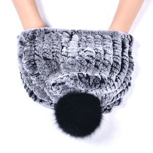 Chapeau tricoté pour <span class=keywords><strong>femme</strong></span> automne-hiver 2021 avec pompons en vraie <span class=keywords><strong>fourrure</strong></span> de lapin Rex et de renard, élastique robuste, vente en gros, idéal pour les fêtes - Product Image 2