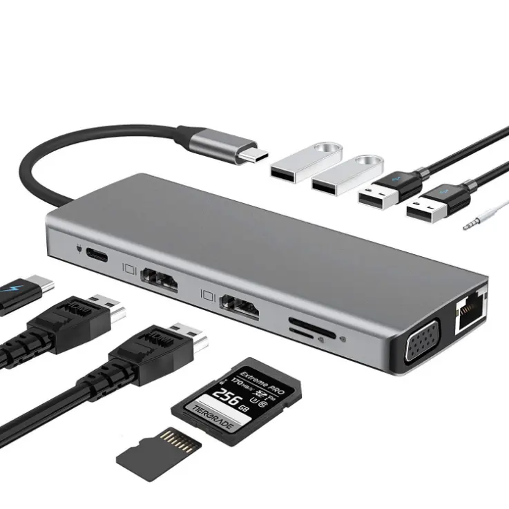 USB C المحور 12-In-1 التوسع حوض مع المزدوج VGA USB 3.0 نوع-C ميناء SD/TF قارئ بطاقات عرض أجهزة الكمبيوتر المحمول محطة الإرساء