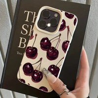 Coque de téléphone portable antichoc en cuir texturé motif cerise pour iPhone 16 15 17 Air Pro Max