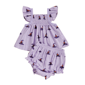 Thấp <span class=keywords><strong>moq</strong></span> tùy chỉnh phong cách nhà sản xuất bé Halloween Trang phục phù thủy hat in smocked Tops xù Quần Short trẻ em Cô Gái Quần Áo Set - Product Image 6