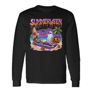 Summerween Skeleton Ghost Beach Spooky Halloween T-shirt à manches longues - Product Image 1
