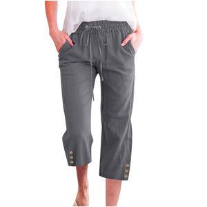 <span class=keywords><strong>Pantaloni</strong></span> corti estivi da donna <span class=keywords><strong>pantaloni</strong></span> a tinta unita tinta unita in cotone per la casa con coulisse Casual con bottoni larghi - Product Image 4