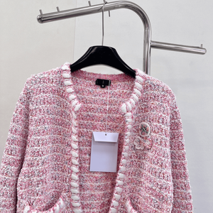 Cárdigan de Punto Tweed Rosa para Mujer con Ribete Blanco, Manga Larga, Chaqueta Elegante Informal - Product Image 4