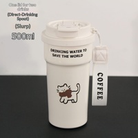 Mug isotherme portable en acier inoxydable à double paroi, design chaton, avec paille intégrée, pour hommes