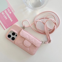 Nouvelle vente en gros pour Iphone 15 Pro Max couverture de téléphone portable luxe diamant Plaid avec porte-carte lanière en cuir Pu étui de téléphone