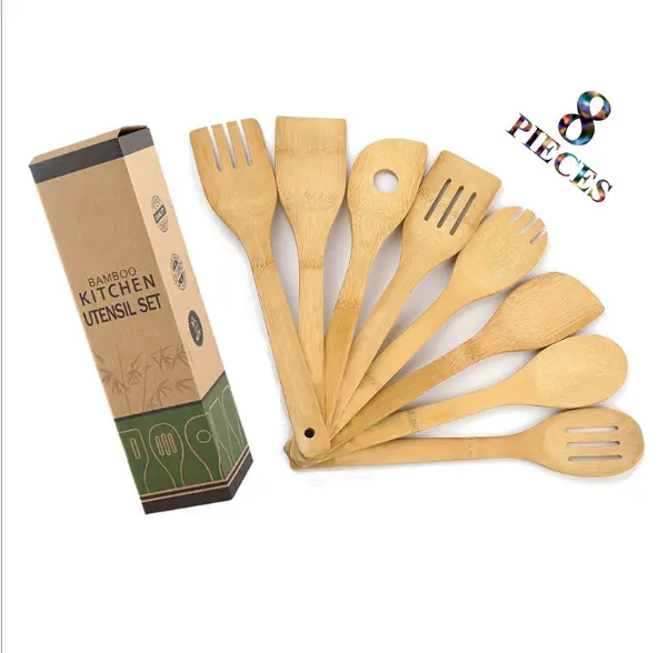 Hot sell 100% Bamboo Utensil Set - 8 Spoons and Spatulas 12 inch Cooking Utensil
