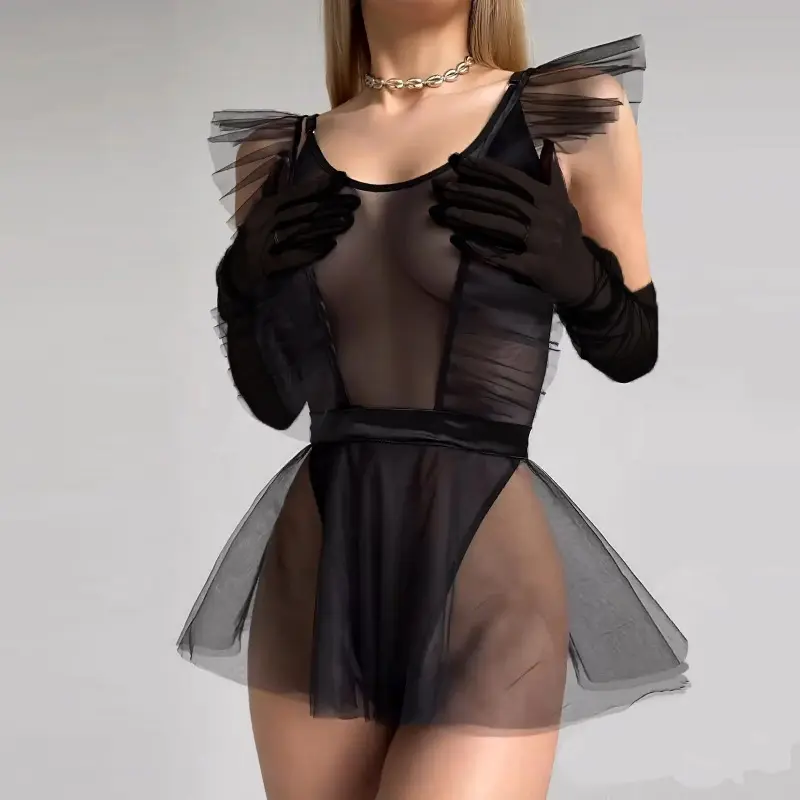 Nuovo Design donna Sexy maglia trasparente Lingerie 3 pezzi vestito con guanti dolce ragazza di andare a letto biancheria intima Sexy