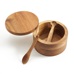 Boîte d'assaisonnement pour épices et sel en bois d'acacia naturel avec cuillère - Product Image 1