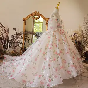 OEM/ ODM-vestidos con estampado Floral para niñas, ropa de Boutique con cuentas y hombros descubiertos para boda, desfile, fiesta, graduación