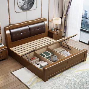 Nueva <span class=keywords><strong>Cama</strong></span> de Diseño Económica China con Respaldo Doble de Cuero, Muebles Modernos para Dormitorio de Adultos, <span class=keywords><strong>Estructura</strong></span> de <span class=keywords><strong>Cama</strong></span> King de Roble Macizo <span class=keywords><strong>180x200</strong></span> Color Nogal - Product Image 2