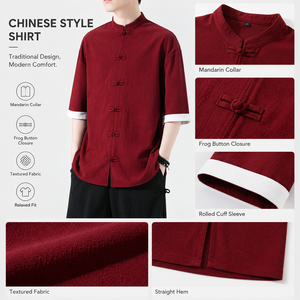 <span class=keywords><strong>Camicia</strong></span> da uomo tradizionale cinese con colletto mandarino, bottoni a rana, mezza manica, vestibilità comoda, casual, stile Kung Fu Tang, all'ingrosso - Product Image 2