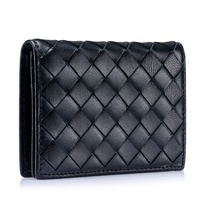 Dompet Kartu Kredit Bisnis Unisex Kulit Asli Pendek dengan Kancing Tekan Anyaman