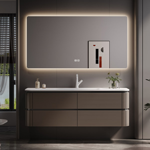 Mueble de Baño con Lavabo Simple/Doble de 60-92 Pulgadas con Luz LED, Mueble de Baño Suspendido en la Pared, Gabinete de Baño <span class=keywords><strong>para</strong></span> <span class=keywords><strong>Baños</strong></span> Minimalistas - Product Image 1