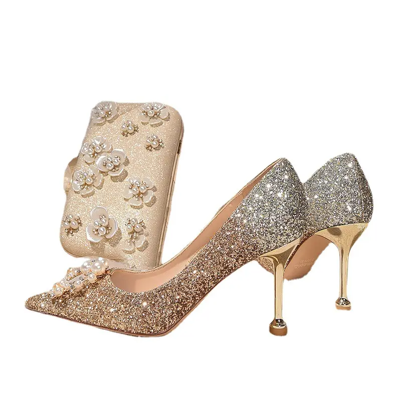 Sandalias de tacón alto personalizadas para mujer, zapatos brillantes de lujo para dama de honor, zapatos de vestir dorados, venta al por mayor