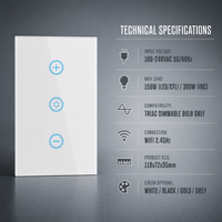 Interrupteur mural intelligent WiFi tactile TRIAC avec variateur de lumière, panneau en verre, contrôle par application tactile, programmation de l'horloge, 150W max.
