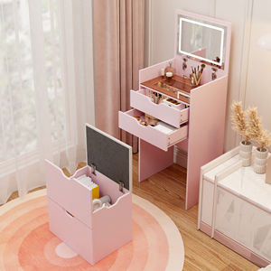 Modern Wood Smart 3-in-1 Multifunctional Bedroom <b>Dressing</b> <b>Table</b> <b>Stool</b> Set Three-color Lighting Modes HD Mirror Two Sliding - Product Image 4