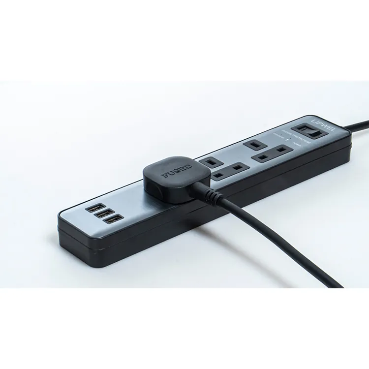 UK Pin Plug and Cable Wall Mountable Extension Lead Surge Protector Smart Power Strip with USB