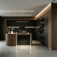 Ensemble d'armoires de cuisine modernes de luxe sur mesure, îlot en contreplaqué cannelé incurvé, évier, éclairage LED, finition mate foncée, robinet sans poignée, charnière