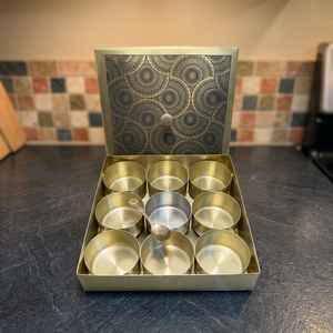 Premium Square Brass Spice <b>Box</b> with 9 Round Containers Oxidized Mandala Art Lid Dual Tone Indian Masala Dani Kitchen Organizer S - Product Image 1