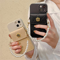 Étui portefeuille en cuir PU Camélia avec porte-cartes et dragonne en perles, coque de luxe pour iPhone 18 Pro Max 17 16 15 14 13