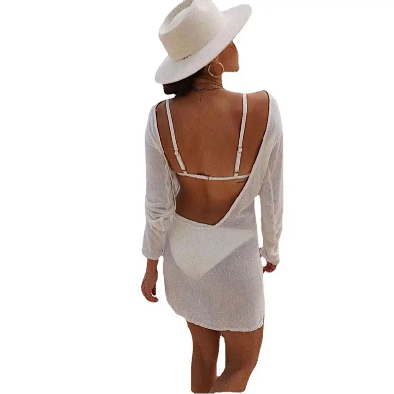 Yaz Beachwear ince örme See Through kadınlar Mini kazak elbise seksi Backless uzun kollu elbiseler moda elbise