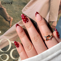 Easywell – Lot de 30 faux ongles rouges à bout français, forme amande, autocollants de luxe, qualité salon, courts, à presser – Meilleures ventes