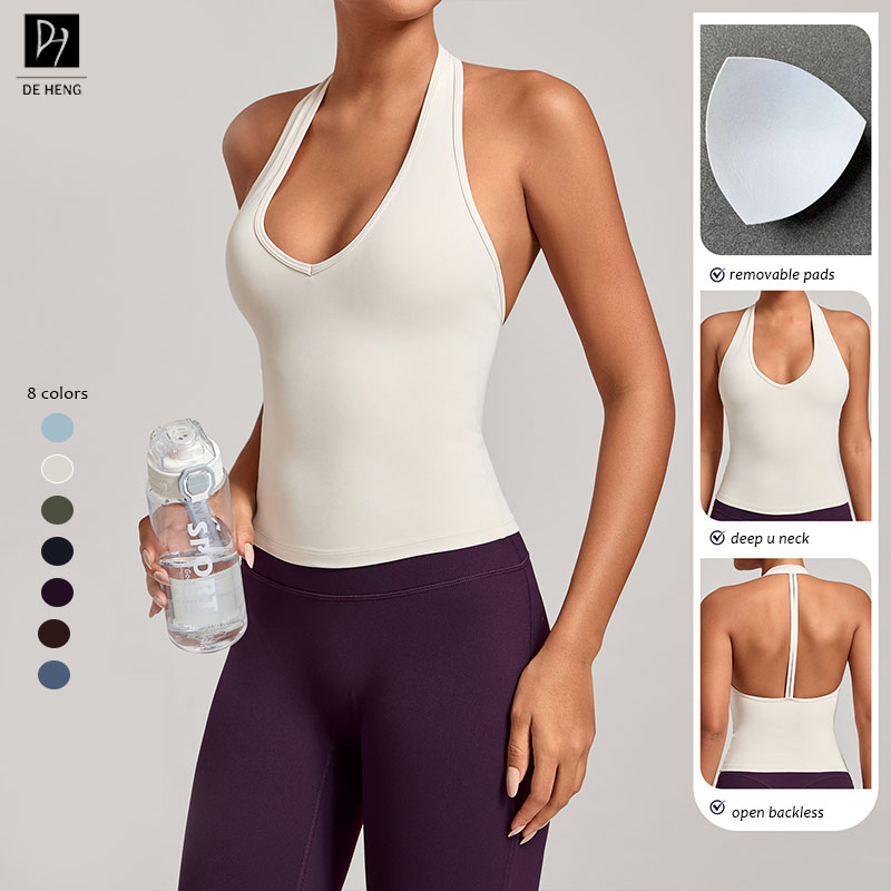 Halter Deep V Neck Backless Slim Fit Breathable Yoga Fitness Woman Gym Active Workout Vest Tank Tops