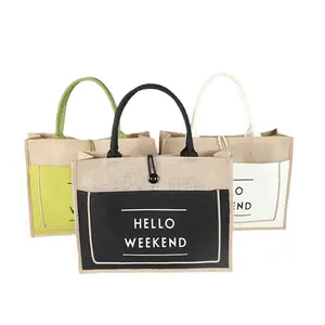 Bán Buôn Đồng Bằng Hessian Shopper Túi Tùy Chỉnh In Lớn Tự Nhiên Sinh Thái Thân Thiện Vải Bố Đay Mua Sắm Tote Bãi Biển Túi Với Logo