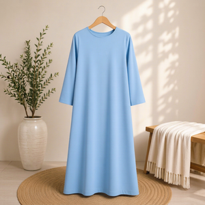 Light Blue Modest Embroidery Modal Loose Maxi <b>Abaya</b> <b>Dress</b> Long Sleeve Muslim Women Prayer Apparel - Product Image 1
