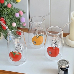Tasse à café créative en verre borosilicate résistant à la chaleur, motif <span class=keywords><strong>tomate</strong></span> de dessin animé, avec paille - Product Image 1