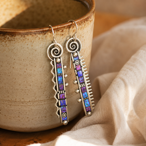 Orecchini Pendenti Lunghi Vintage con Motivo Arcobaleno Astratto, Orecchini a Goccia Zigzag Blu e Viola per Donne - Product Image 6