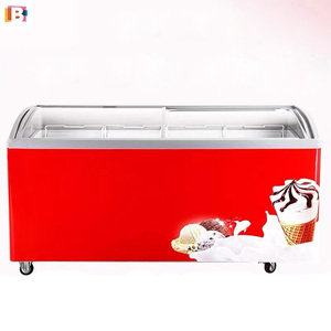 Commercial Curved Sliding Glass Door Chest Ice Cream Display Refrigerator Freezer For Supermarket