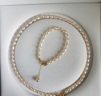 Ensemble de bijoux en perles, cadeau de Noël, collier, bracelet, boucles d'oreilles, perles de riz d'eau douce 7-8 mm, argent 925, vente en gros pour femmes, sur mesure