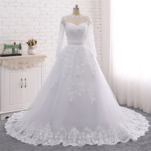 <b>White</b> Ball Gown Wedding Dress Long Sleeve <b>Lace</b> Applique A Line Full Skirt Bridal Gown - Product Image 1