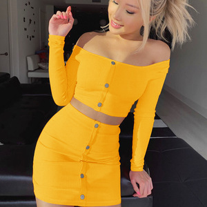 Plus Size Summer Women Knitted 2 Piece Suit Sexy Pleated Mini Skirts Elegant Off Shoulder Long Sleeve Ladies Tops Dress Set - Product Image 3