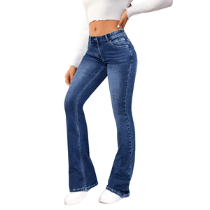 <span class=keywords><strong>Jean</strong></span> slim délavé bleu foncé YUANBOFEI pour <span class=keywords><strong>femme</strong></span>, coupe évasée, style décontracté et tendance - Product Image 2