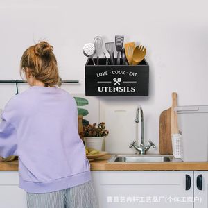 Boîte de rangement pour ustensiles de cuisine en bois, organisateur de table en bois massif, support multifonction pour ustensiles de cuisine - Product Image 2