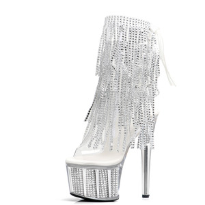 Botines de <span class=keywords><strong>Plataforma</strong></span> con Tacón Alto y Borlas de Diamantes de Imitación, Plateados, con Punta Abierta, para Mujer, 17 cm, 7 Pulgadas, para Discoteca, Baile y Actuaciones - Product Image 1