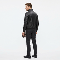 Blouson aviateur en cuir d'agneau noir pour homme LEATHER TEX, modèle Classic 590, col montant, fermeture éclair, style moto, coupe ajustée, automne